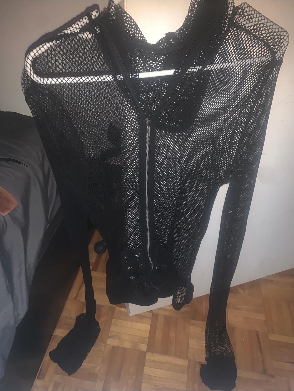 Black Mesh Zip-Front Hoodie Sweatshirt